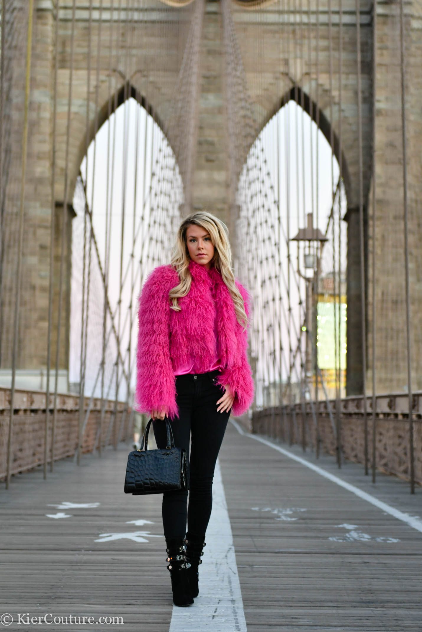 Pink fur jacket outfit