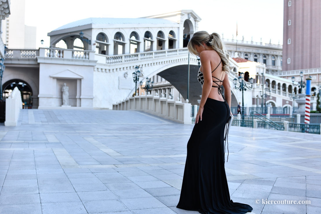 lace up crystal black gown