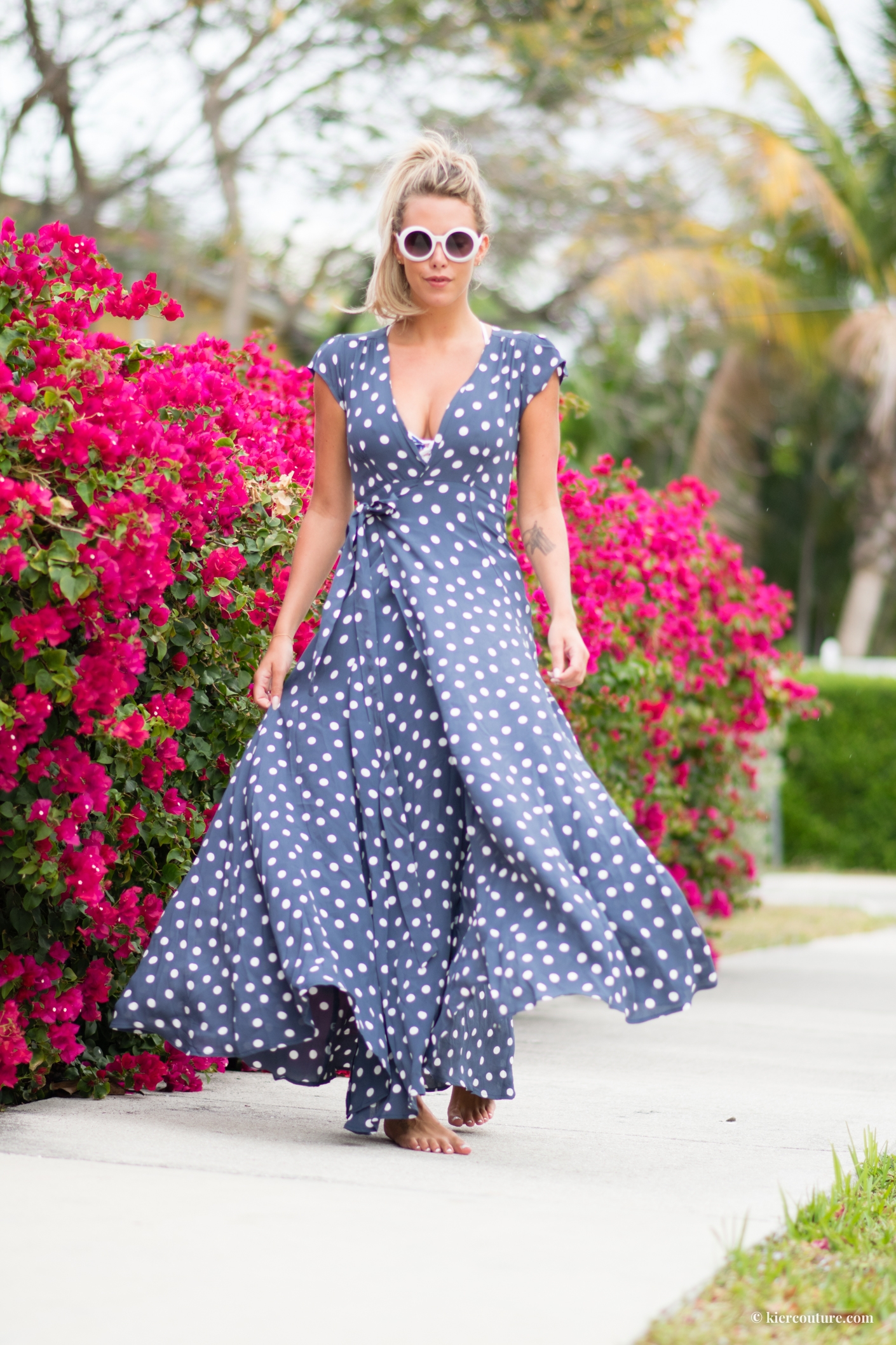 Kier Mellour in tularosa polkadot dress in ink blue