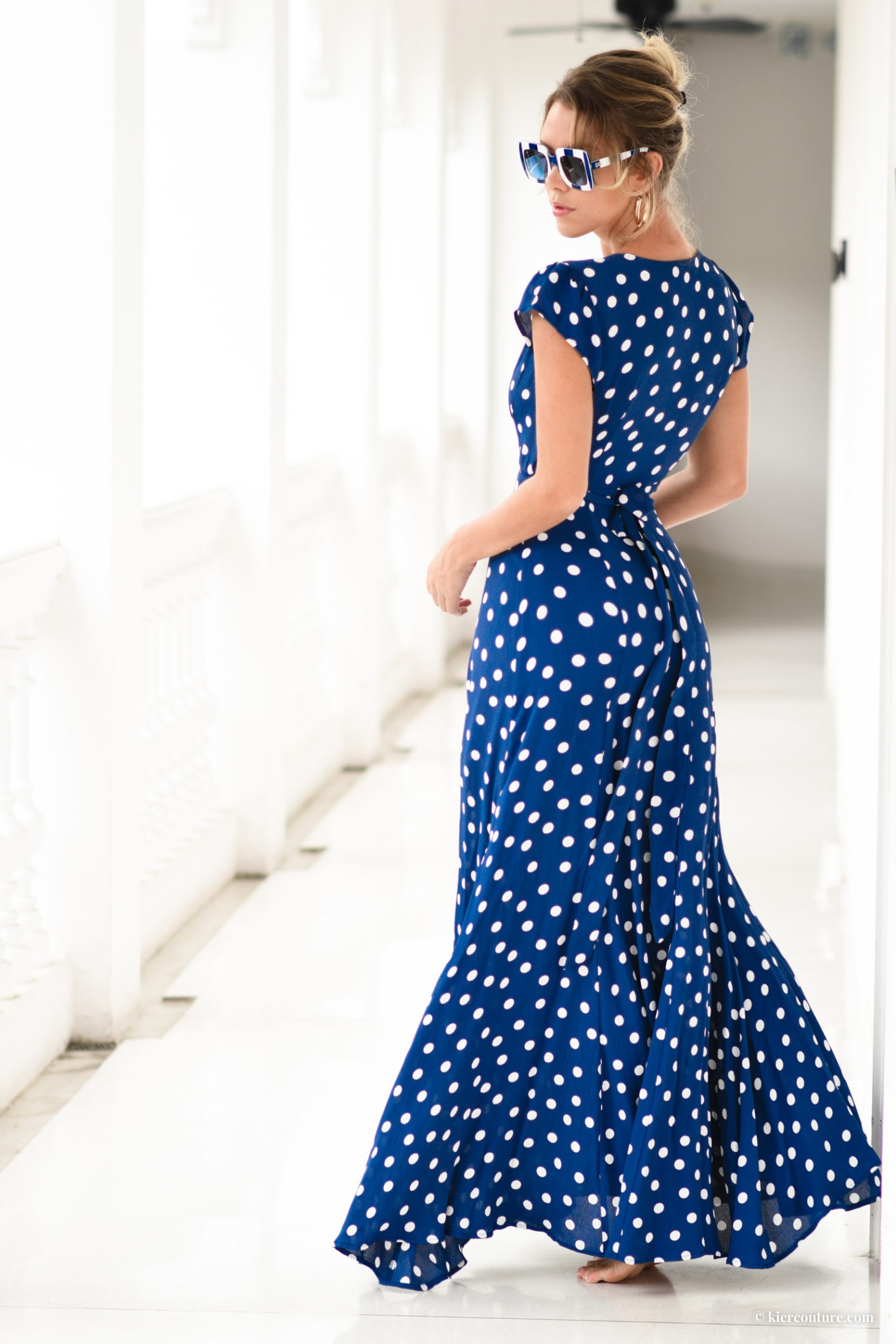 blue polkadot maxi wrap dress