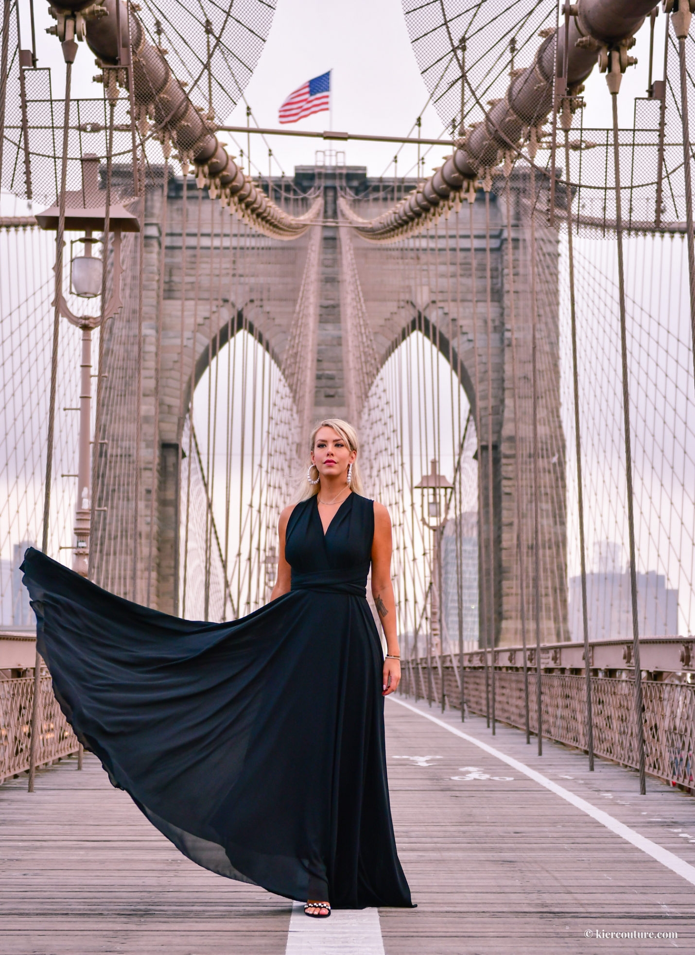 black ballgown on brooklyn bridge