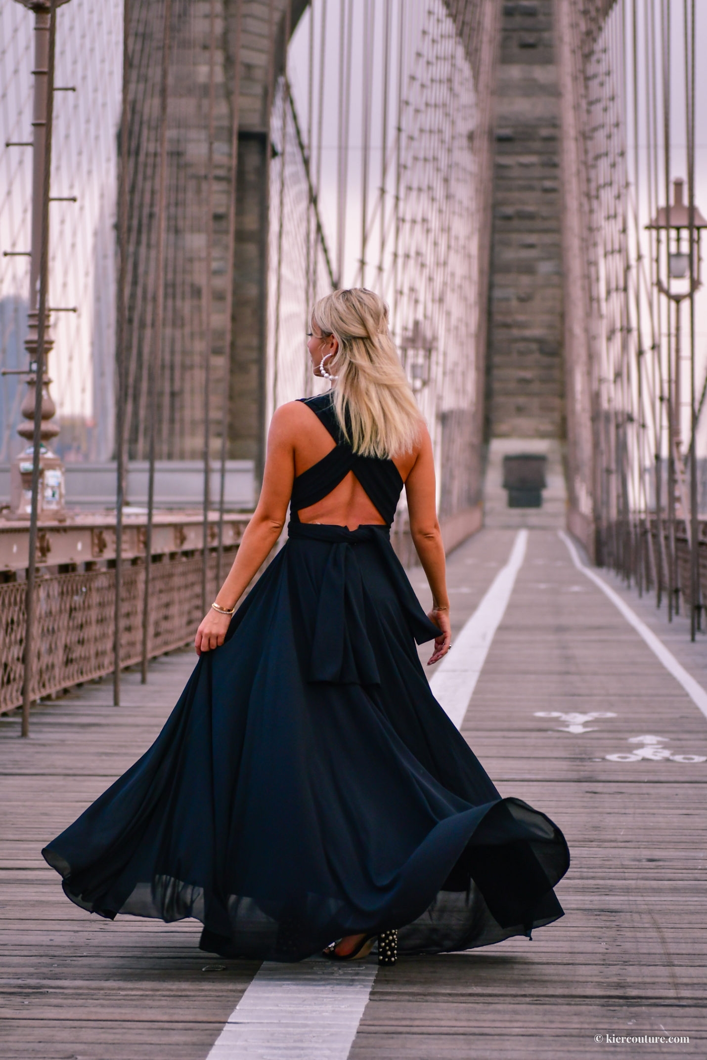 black ballgown on brooklyn bridge